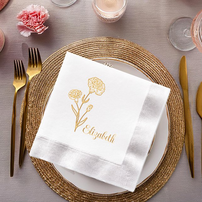 Carnations Floral Name  Foil Napkins (Carnations Floral Outline and Name Stamped Foil Napkins)
