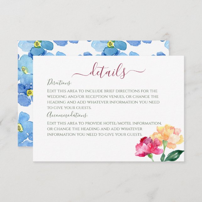 Carnations & Forget Me Nots Wedding Details  Enclosure Card (Front/Back)