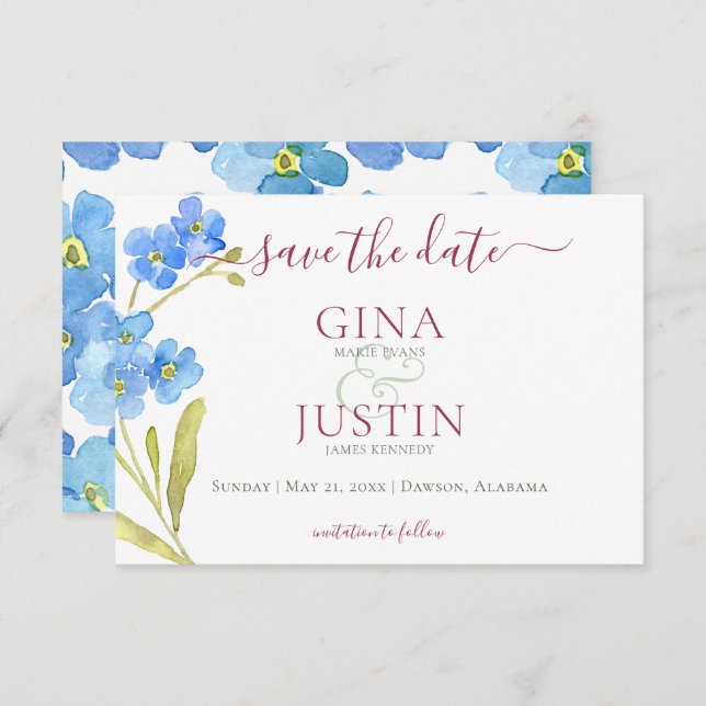 Carnations & Forget Me Nots Wedding Save The Date (Front/Back)