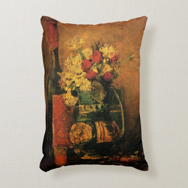Carnations, Roses and a Bottle by Vincent van Gogh Decorative Cushion (Front(Vertical))