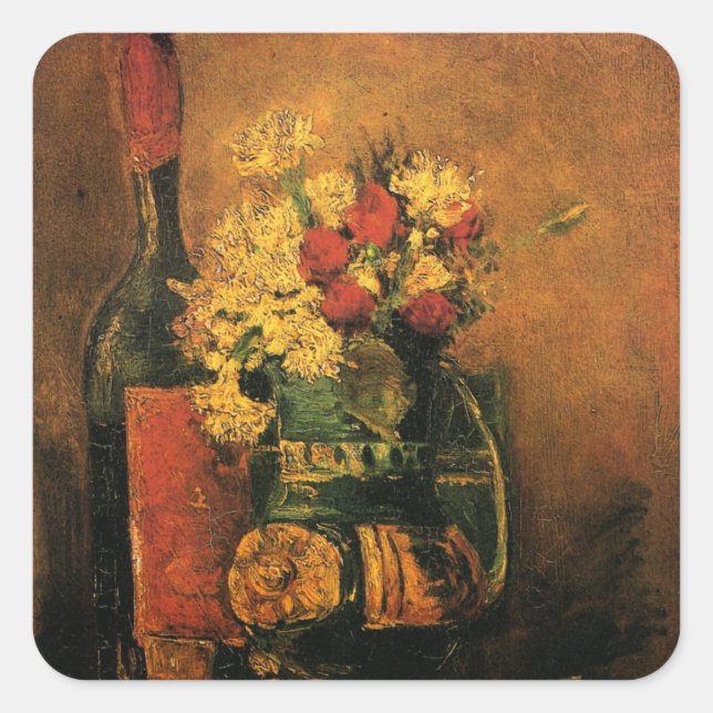 Carnations, Roses and a Bottle by Vincent van Gogh Square Sticker (Front)
