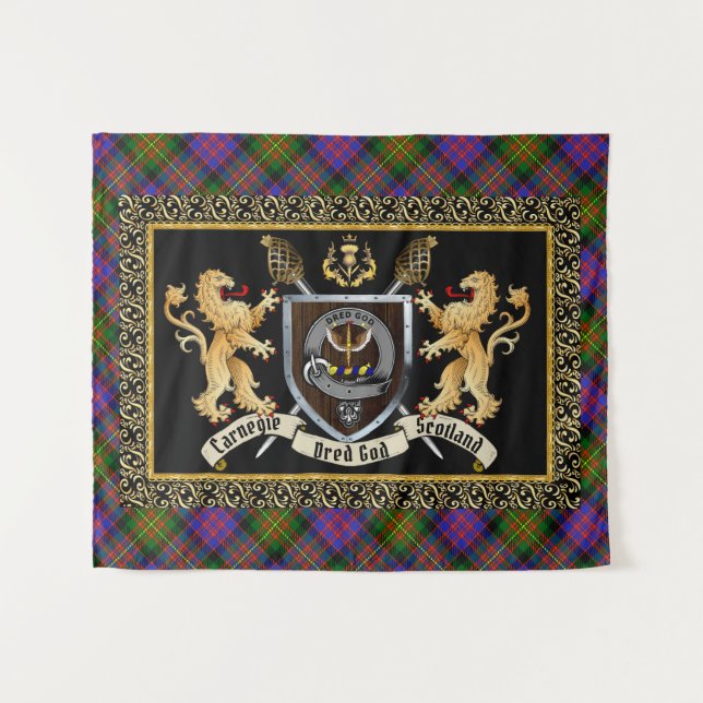 Carnegie Clan Badge & Motto w/Lions  Tapestry (Front (Horizontal))