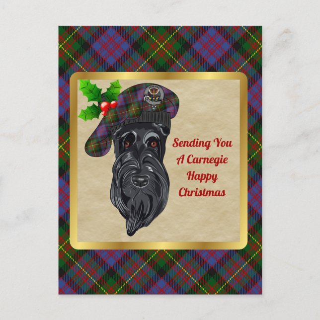 Carnegie Clan Badge & Tartan Christmas Postcard (Front)