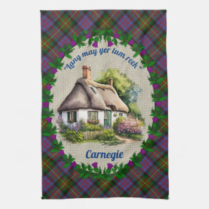 Carnegie Thatched Cottage & Tartan Personalised Tea Towel