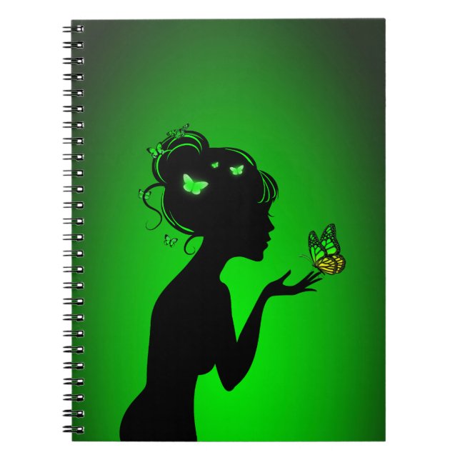 Carnet La femme papillons verts Notebook (Front)