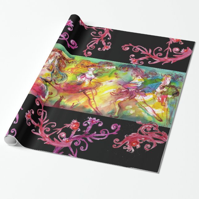 CARNIVAL BALLET  WITH RED PURPLE  FLORAL SWIRLS WRAPPING PAPER (Unrolled)