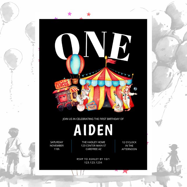 Carnival Circus Big Top Black 1st Birthday Invitation (Creator Uploaded)