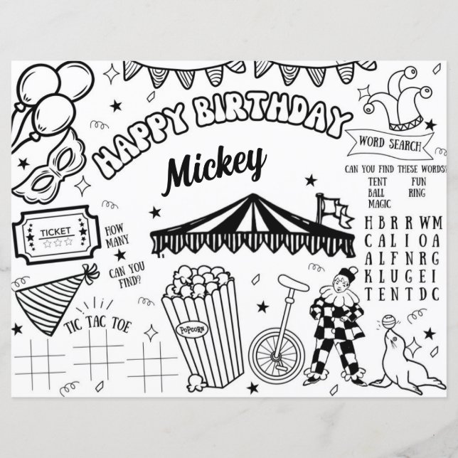 Carnival Circus Birthday Colouring Page Placemat  (Front)