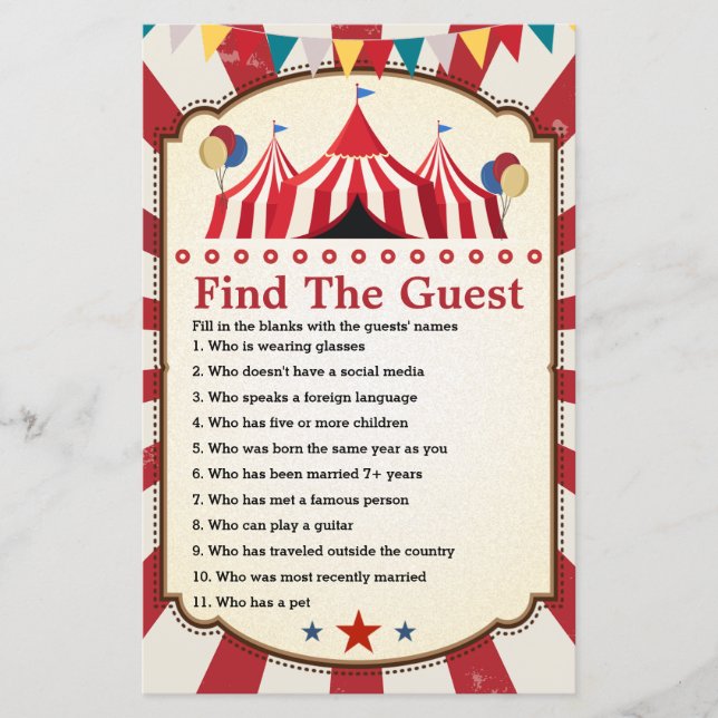 Carnival Circus Birthday Find the Guest Game (Front)