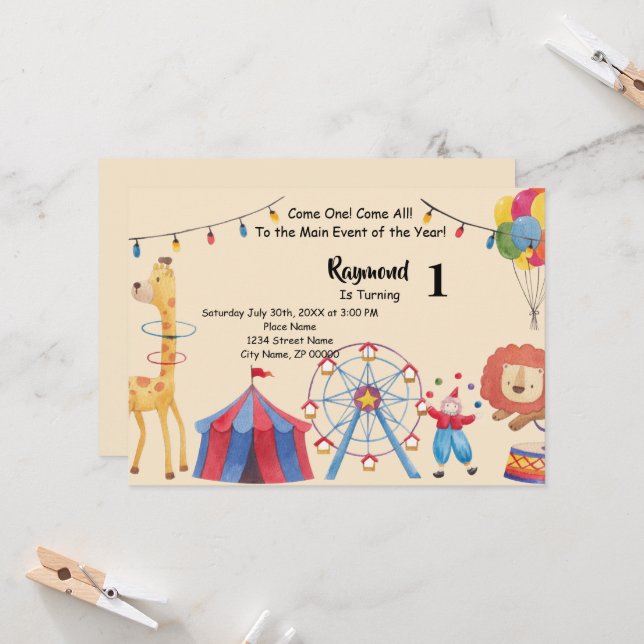 Carnival Circus Birthday Party Invitation (Front/Back In Situ)
