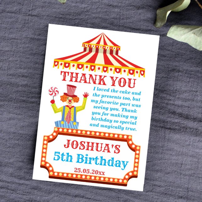 Carnival circus party clown thank you card (Creator Uploaded)