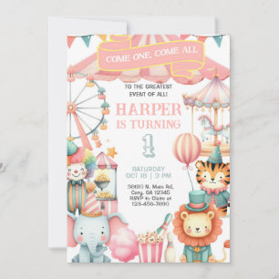 Carnival / Circus pink girl birthday invitation. Invitation