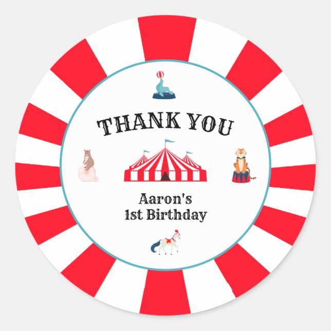 Carnival Circus Thank You Birthday  Classic Round  Sticker (Front)