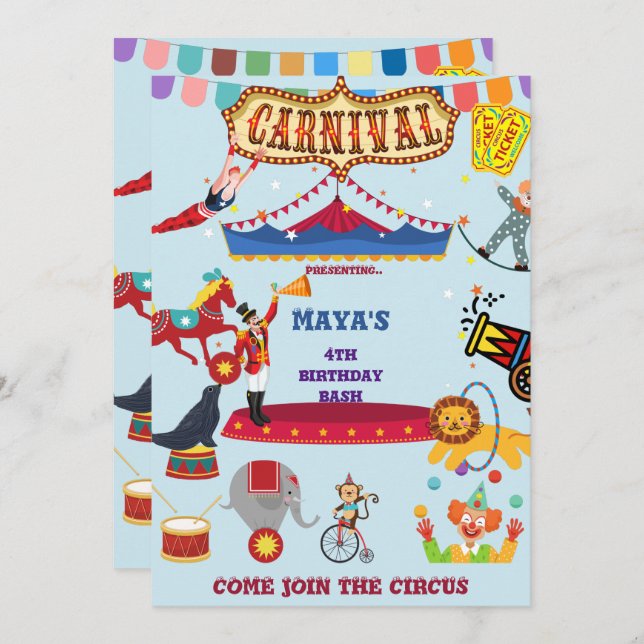 Carnival Circus theme Kids Birthday  Invitation (Front/Back)