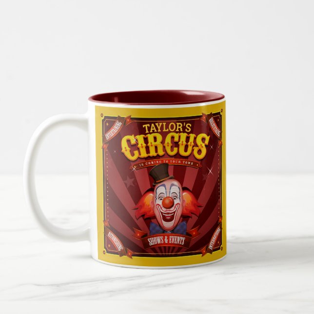 Carnival Clown ADD NAME Big Top Family Circus Show Two-Tone Coffee Mug (Left)
