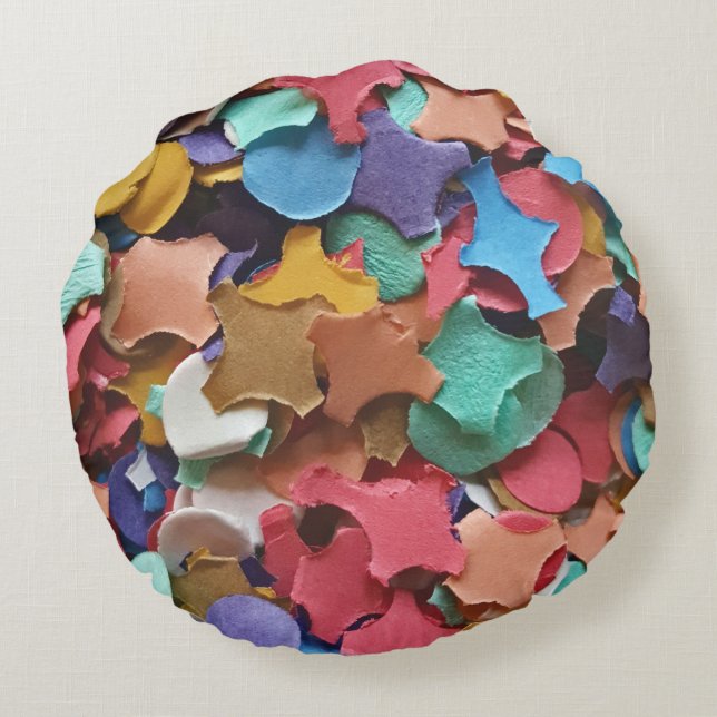 Carnival Confetti Colourful Paper Pieces Party Fun Round Cushion (Back)