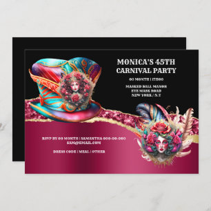 Carnival fantasy ladies rose feathers burgundy  invitation