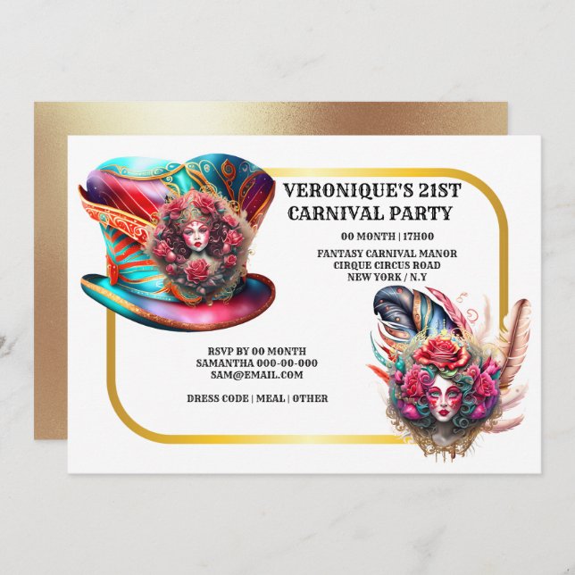 Carnival fantasy ladies rose feathers cirque gold invitation (Front/Back)
