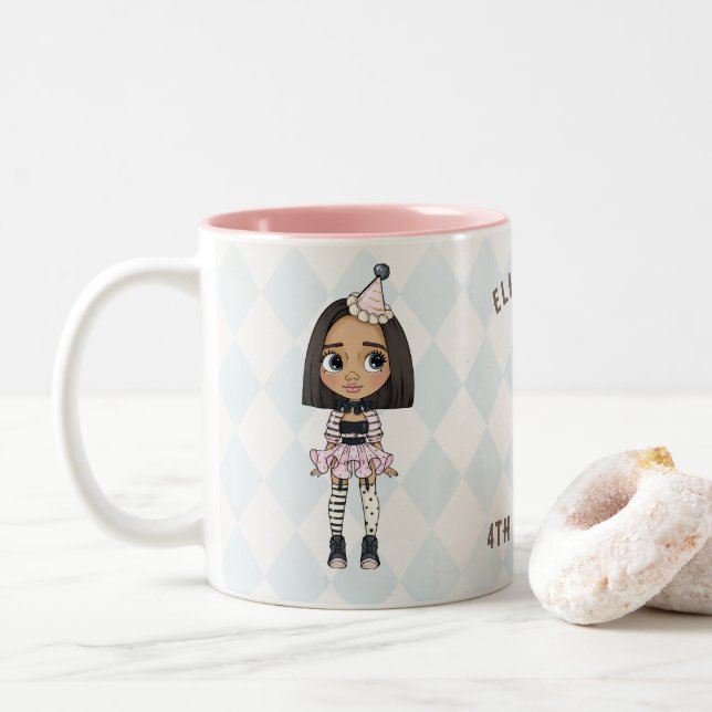Carnival Harlequin Girl Two-Tone Coffee Mug (With Donut)