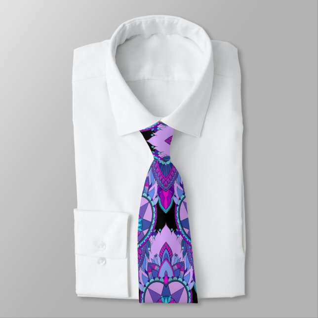 Carnival Mandala Design, Purples on Black Tie (Tied)
