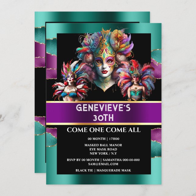 Carnival mardi gras festival woman masks feathers  invitation (Front/Back)