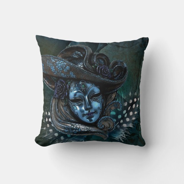 Carnival Mask-Blue Damask Throw Pillow (Front)