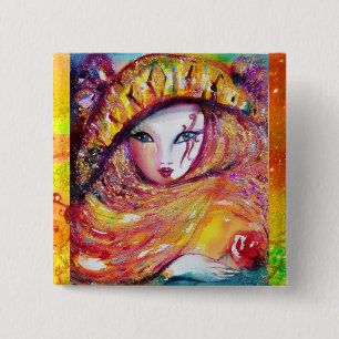 CARNIVAL MASK IN GOLD YELLOW WITH RED ROSE 15 CM SQUARE BADGE