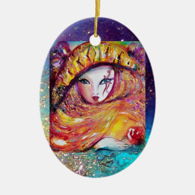 CARNIVAL MASK IN GOLD YELLOW WITH RED ROSE CERAMIC TREE DECORATION (Front)