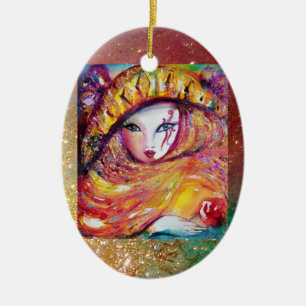 CARNIVAL MASK IN GOLD YELLOW WITH RED ROSE CERAMIC TREE DECORATION