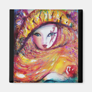 CARNIVAL MASK IN GOLD YELLOW WITH RED ROSE MAGNET