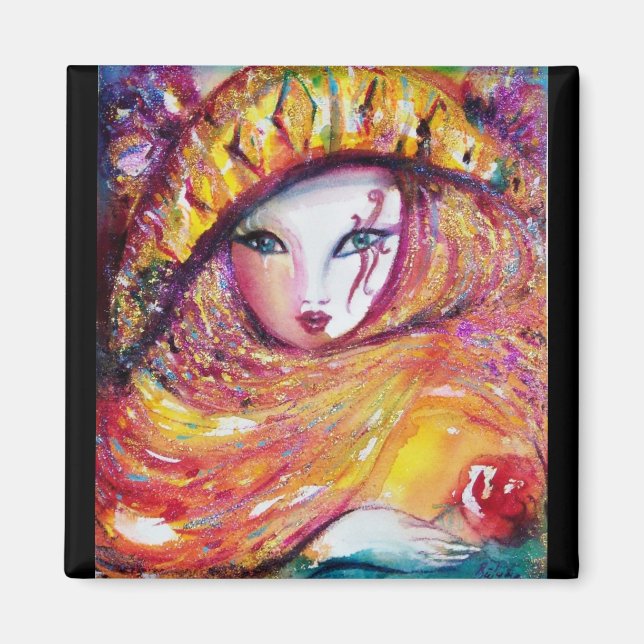 CARNIVAL MASK IN GOLD YELLOW WITH RED ROSE MAGNET (Front)