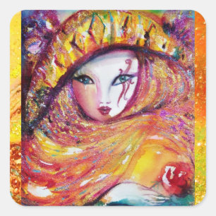 CARNIVAL MASK IN GOLD YELLOW WITH RED ROSE SQUARE STICKER