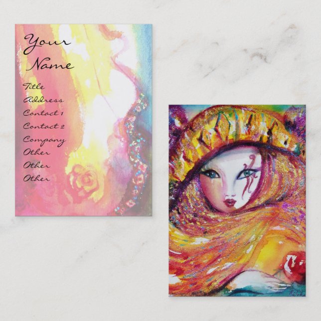 CARNIVAL MASK IN YELLOW WITH RED ROSE BUSINESS CARD (Front/Back)
