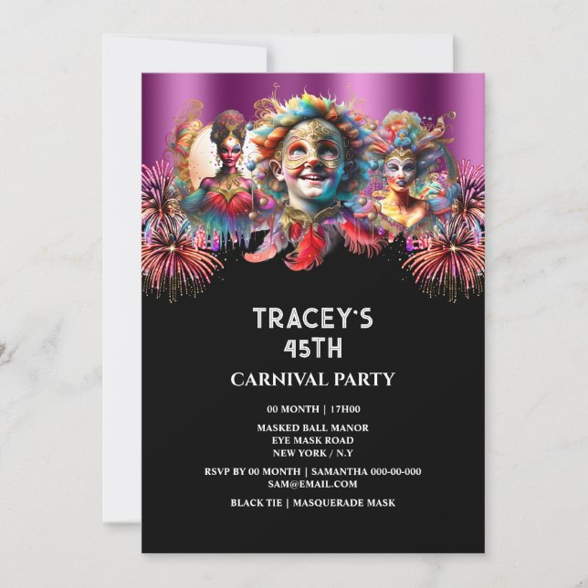 Carnival night circus fireworks masquerade purple invitation (Front)