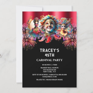 Carnival night circus fireworks masquerade red invitation