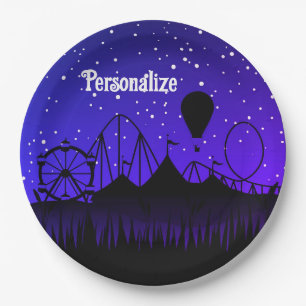 Carnival night summer fair ride black blue paper plate