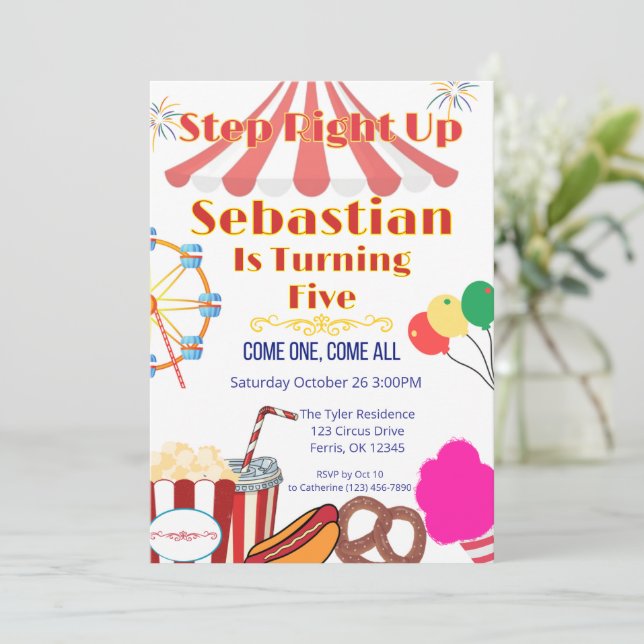 Carnival Party Invitation with Tent Top & Snacks (Standing Front)
