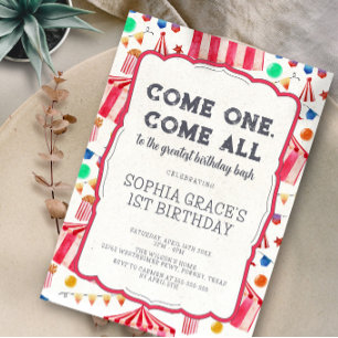 Carnival Party Pink Circus Girl 1st Birthday Invitation