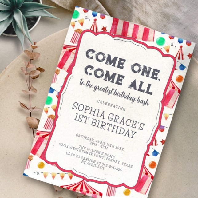 Carnival Party Pink Circus Girl 1st Birthday Invitation (Creator Uploaded)