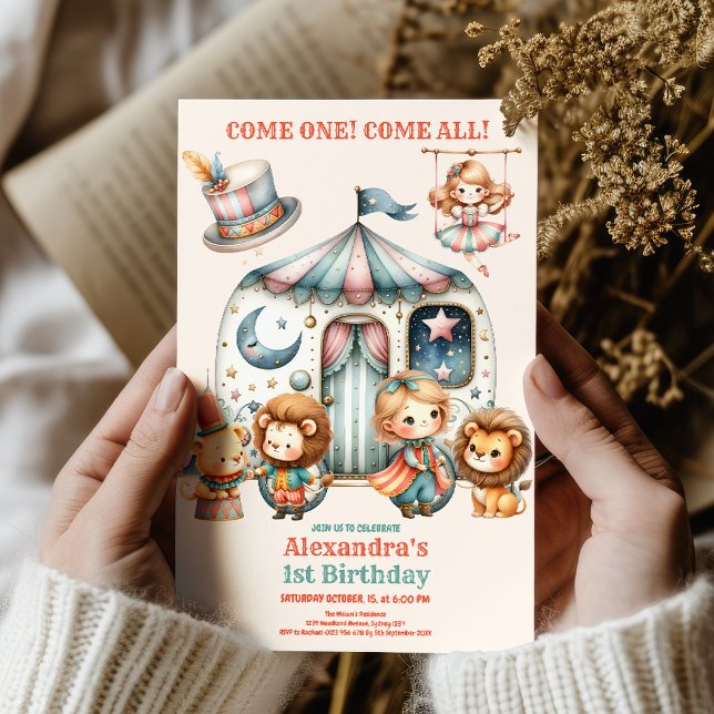 Carnival Party Pink Circus Girl 1st Birthday Invitation (Creator Uploaded)