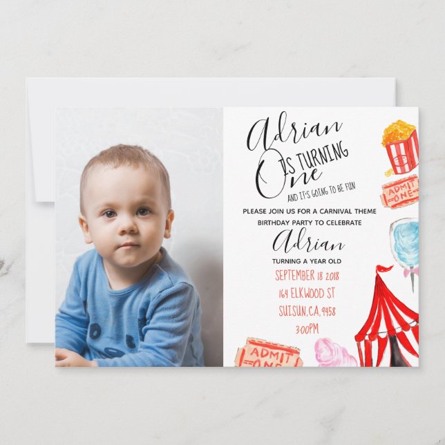 Carnival photo invite cute circus birthday party (Front)