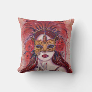 Carnival red fantasy woman in mask by Renee Lavoie Cushion
