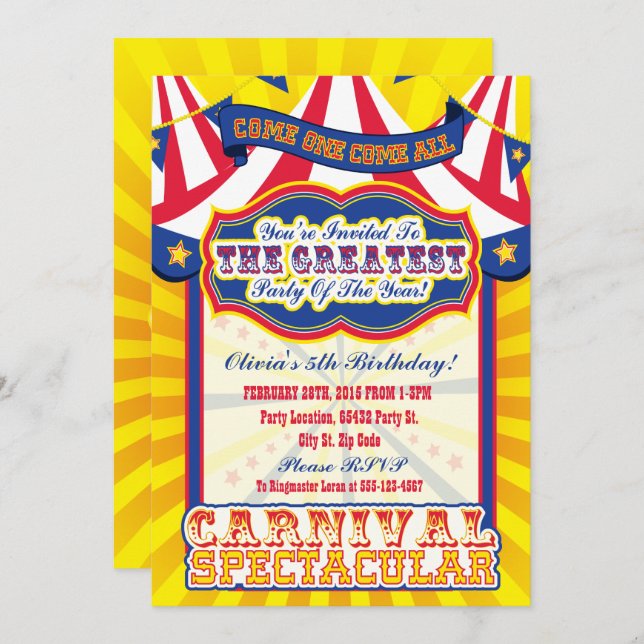 Carnival Spectacular Birthday Invitations (Front/Back)