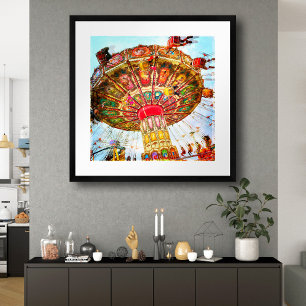 Carnival swing ride blue sky vintage retro photo poster