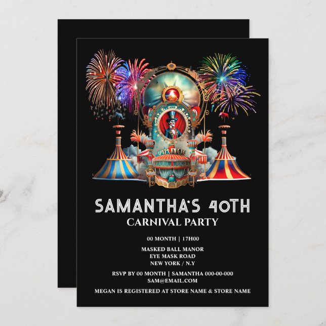 Carnival tent ringmaster night fireworks festival  invitation (Front/Back)