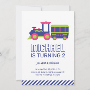 Carnival Train Blue and Green Kids Boys Birthday Invitation