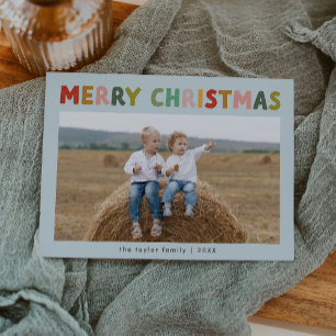 CAROL Blue Cute Children Photo Merry Christmas Holiday Card