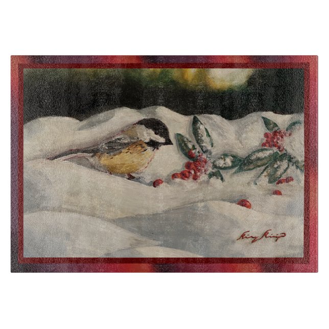 Carol the Chick-a-Dee with Mistletoe  Cutting Board (Front)