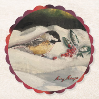 Carol the Chick-a-Dee with Mistletoe Paper Coaster