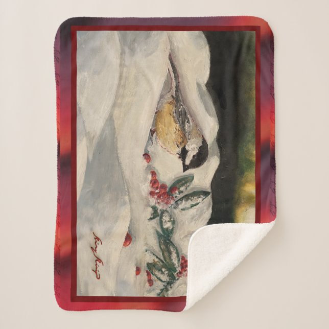 Carol the Chick-a-Dee with Mistletoe Sherpa Blanket (Front)